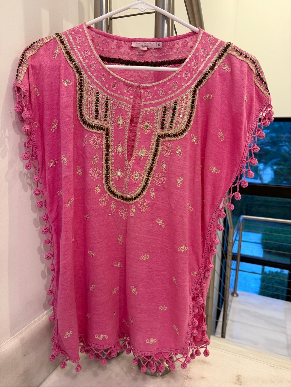 Calypso St. Barth Pink Embroidered Pom-Pom Tunic